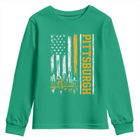 Pittsburgh City Skyline Roberto Clemente Bridge Graphic Youth Sweatshirt American Flag Yellow Bridge City Hometown Pride