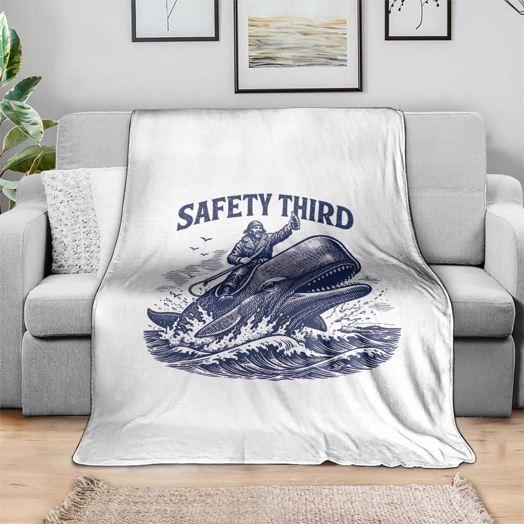Funny Safety Third Captain Riding Sperm Whale Throw Blanket Vintage Nautical Ocean Fishing Humor