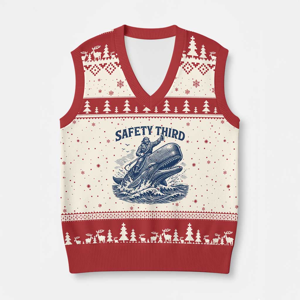 Funny Safety Third Captain Riding Sperm Whale V-Neck Knit Sweater Vest Vintage Nautical Ocean Fishing Humor