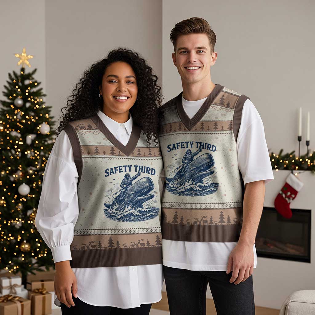Funny Safety Third Captain Riding Sperm Whale V-Neck Knit Sweater Vest Vintage Nautical Ocean Fishing Humor