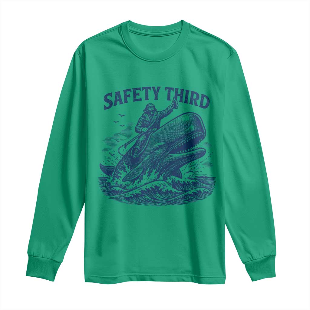 Funny Safety Third Captain Riding Sperm Whale Long Sleeve Shirt Vintage Nautical Ocean Fishing Humor