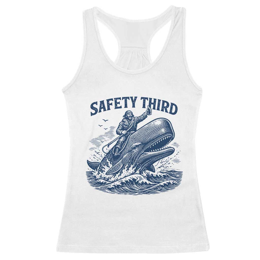 Funny Safety Third Captain Riding Sperm Whale Racerback Tank Top Vintage Nautical Ocean Fishing Humor