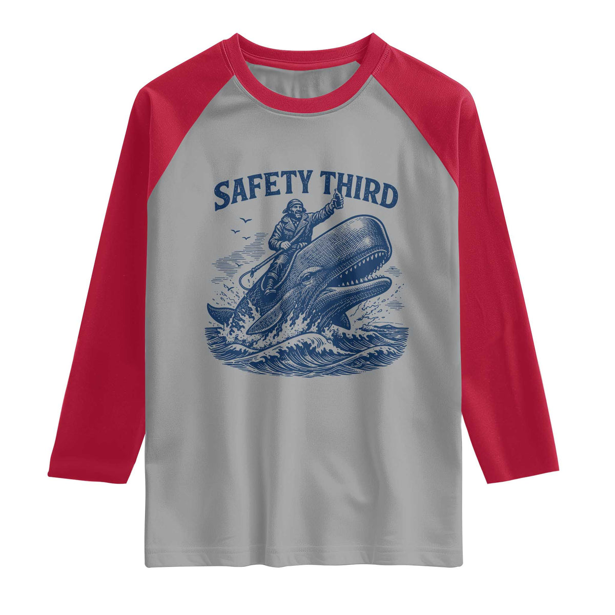 Funny Safety Third Captain Riding Sperm Whale Raglan Shirt Vintage Nautical Ocean Fishing Humor