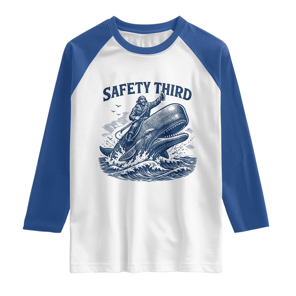 Funny Safety Third Captain Riding Sperm Whale Raglan Shirt Vintage Nautical Ocean Fishing Humor