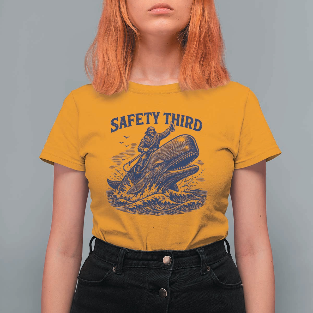 Funny Safety Third Captain Riding Sperm Whale T Shirt For Women Vintage Nautical Ocean Fishing Humor
