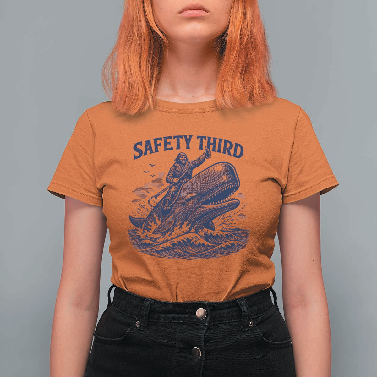 Funny Safety Third Captain Riding Sperm Whale T Shirt For Women Vintage Nautical Ocean Fishing Humor