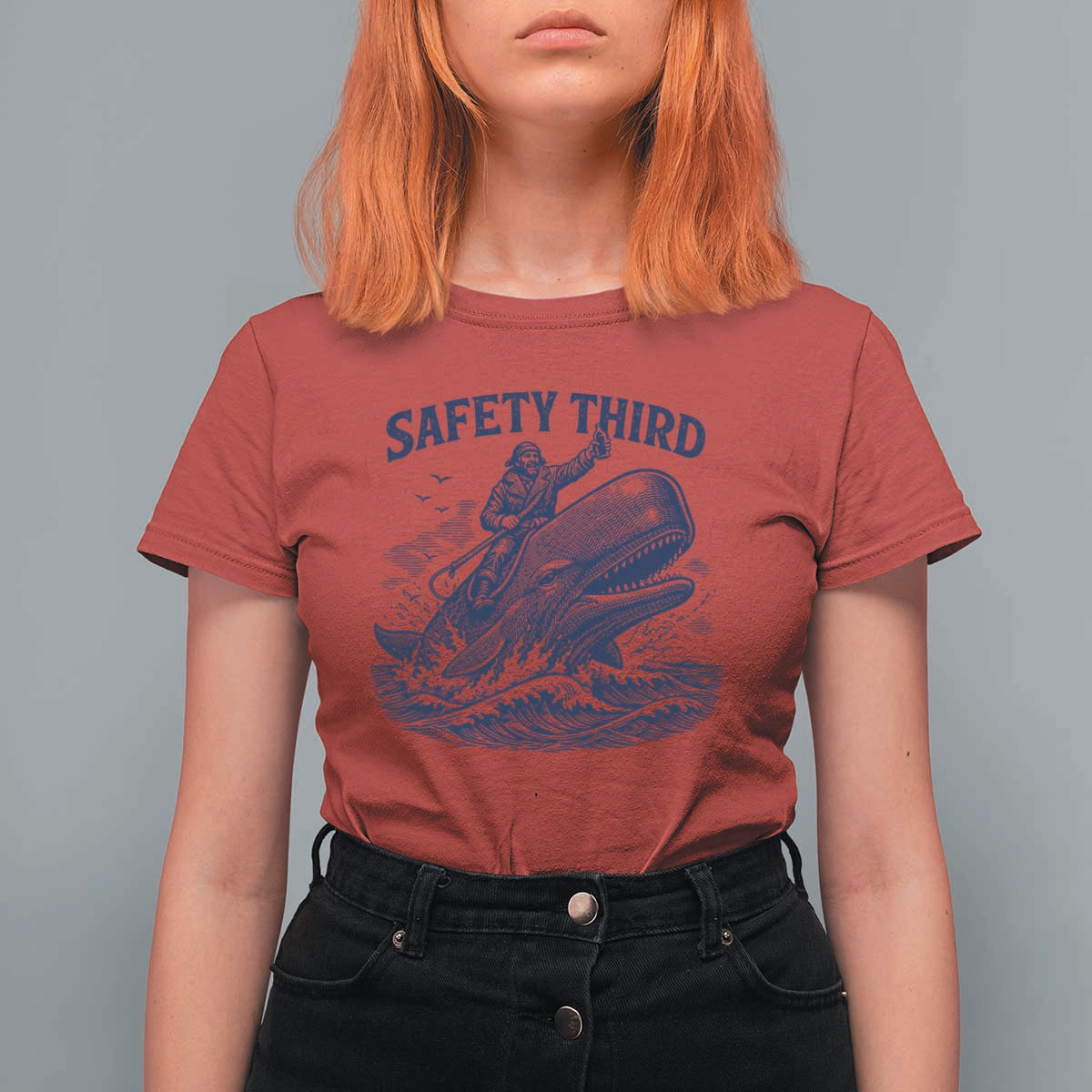 Funny Safety Third Captain Riding Sperm Whale T Shirt For Women Vintage Nautical Ocean Fishing Humor