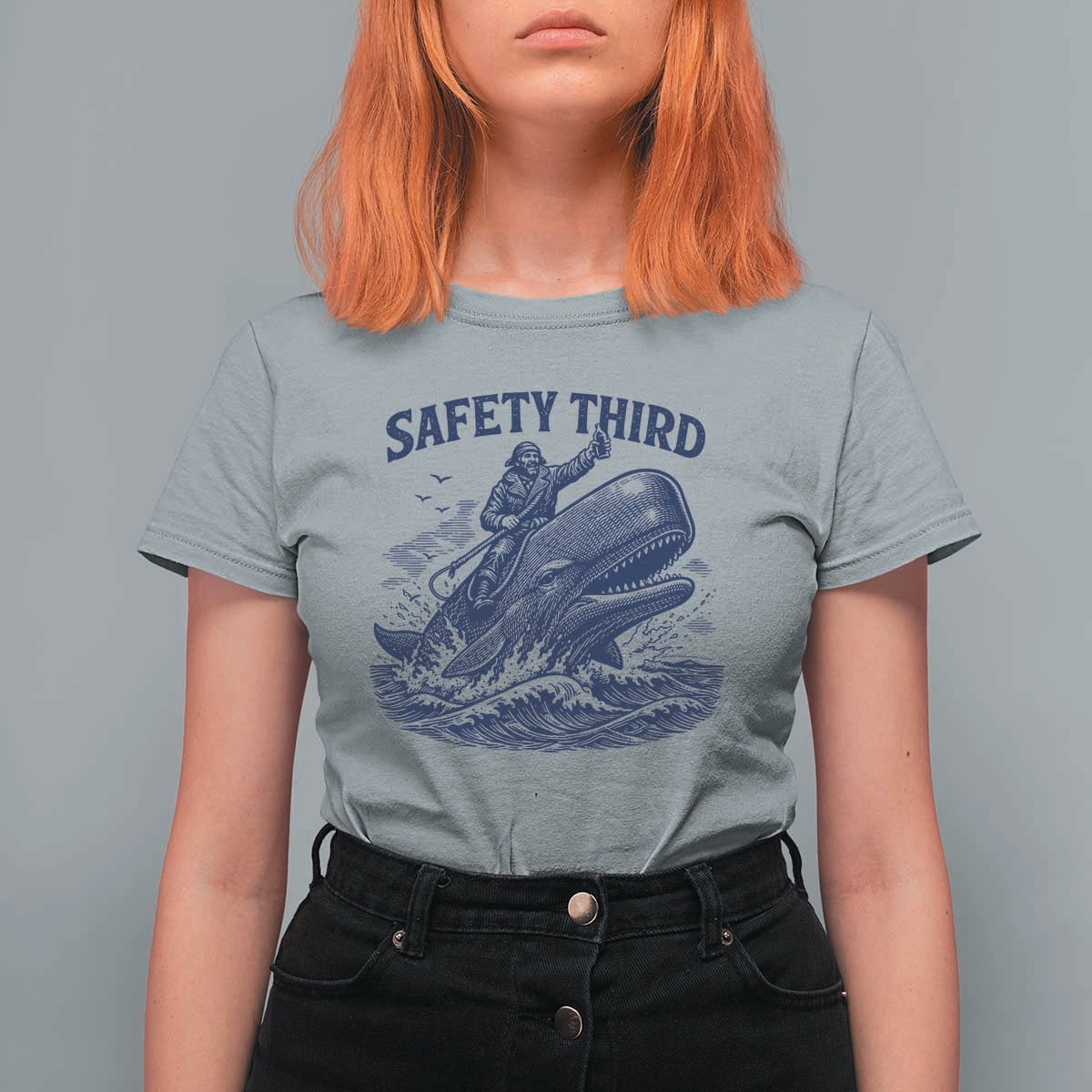 Funny Safety Third Captain Riding Sperm Whale T Shirt For Women Vintage Nautical Ocean Fishing Humor