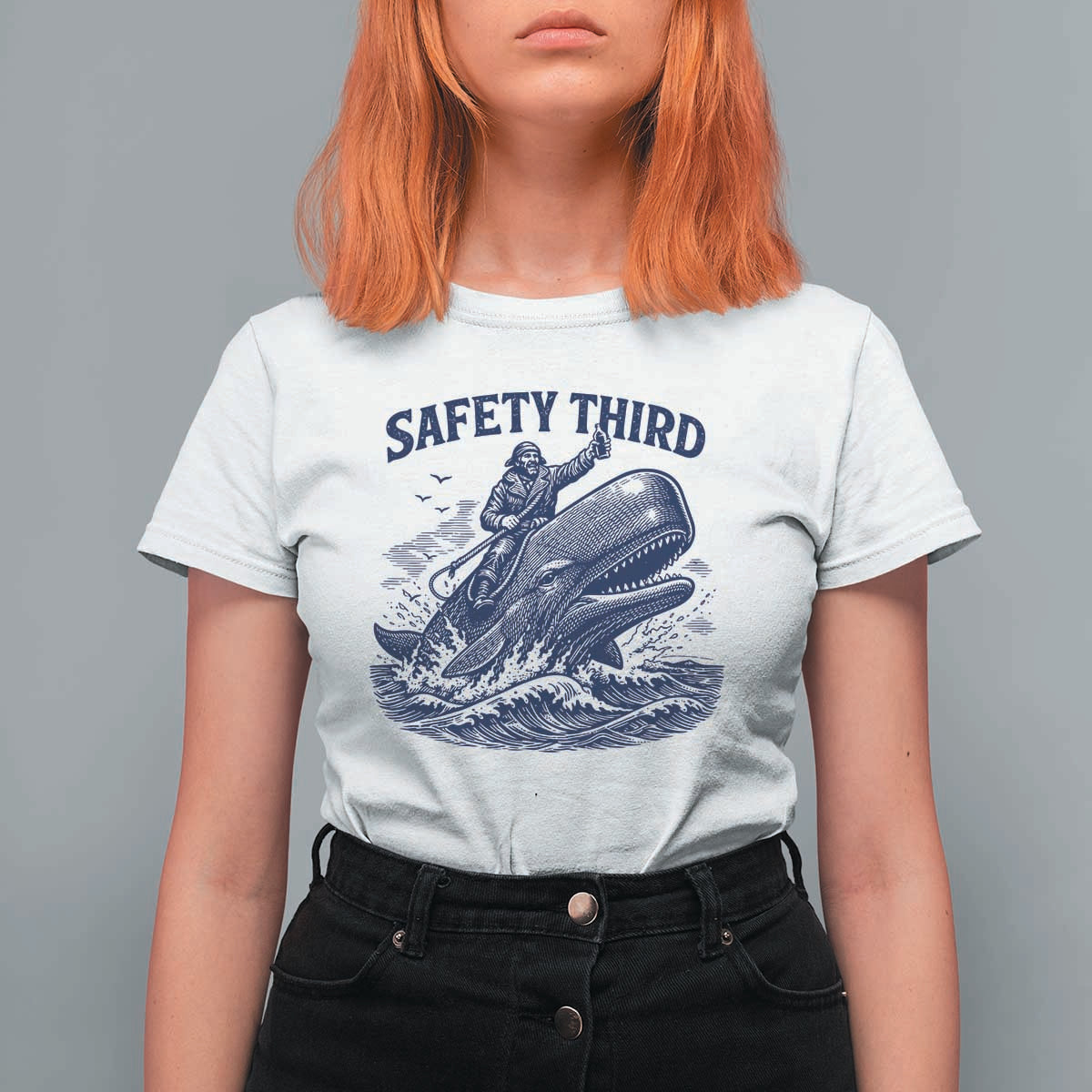 Funny Safety Third Captain Riding Sperm Whale T Shirt For Women Vintage Nautical Ocean Fishing Humor