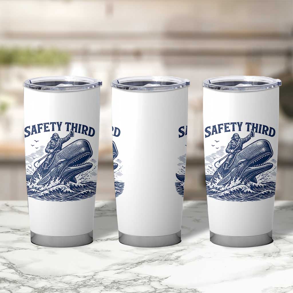 Funny Safety Third Captain Riding Sperm Whale Tumbler Cup Vintage Nautical Ocean Fishing Humor