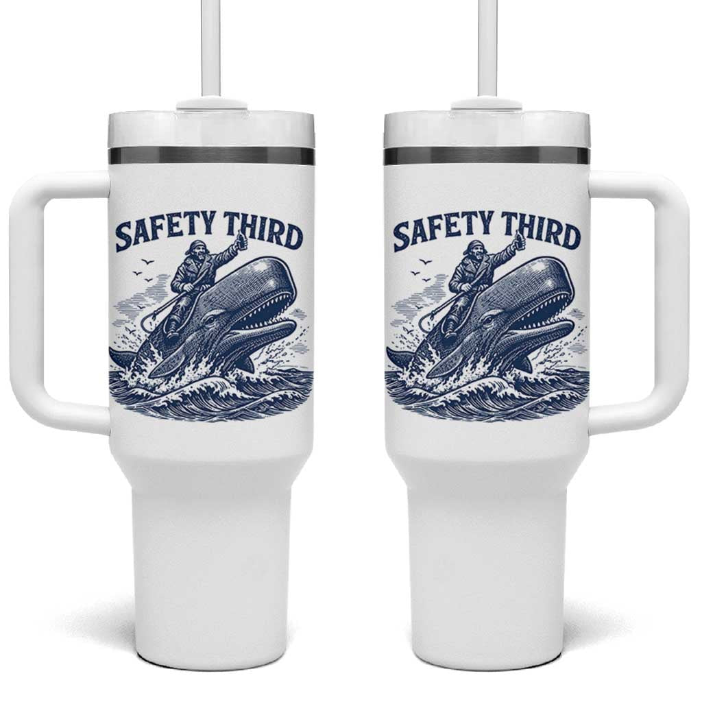 Funny Safety Third Captain Riding Sperm Whale Tumbler With Handle Vintage Nautical Ocean Fishing Humor