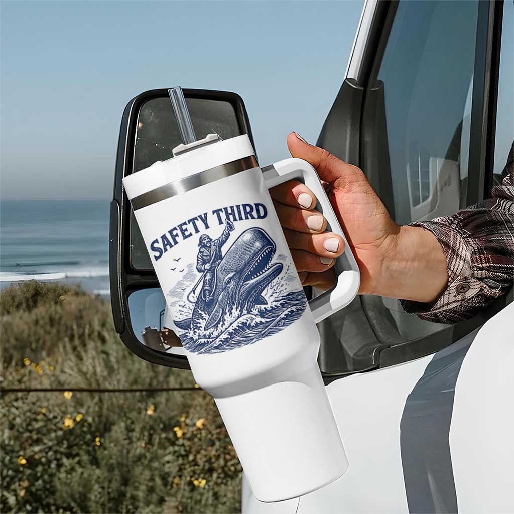 Funny Safety Third Captain Riding Sperm Whale Tumbler With Handle Vintage Nautical Ocean Fishing Humor