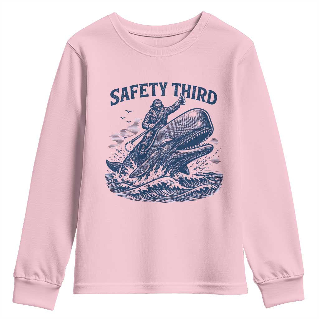 Funny Safety Third Captain Riding Sperm Whale Youth Sweatshirt Vintage Nautical Ocean Fishing Humor