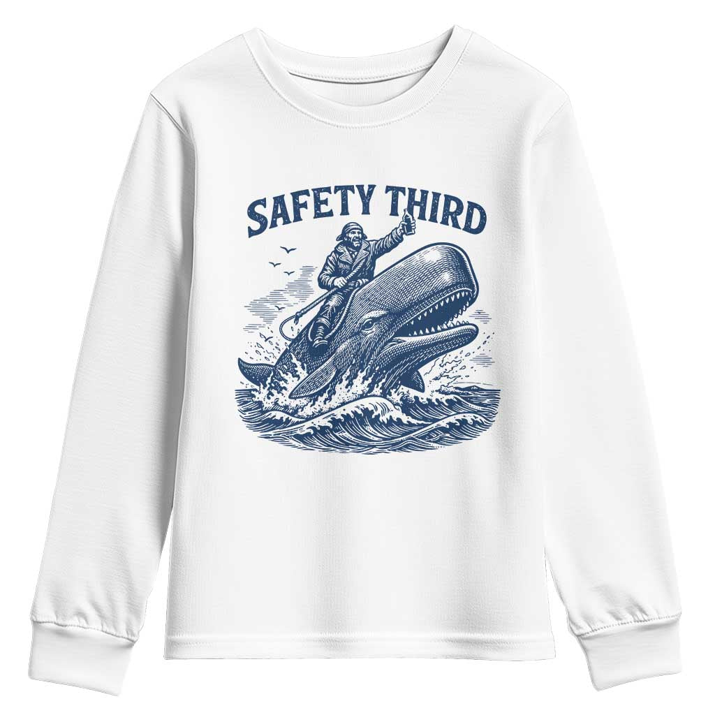 Funny Safety Third Captain Riding Sperm Whale Youth Sweatshirt Vintage Nautical Ocean Fishing Humor