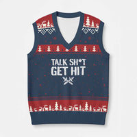 Talk Shit Get Hit Crossed Swords V-Neck Knit Sweater Vest Funny Edgy Combat Sports Attitude