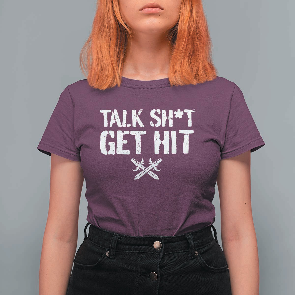 Talk Shit Get Hit Crossed Swords T Shirt For Women Funny Edgy Combat Sports Attitude