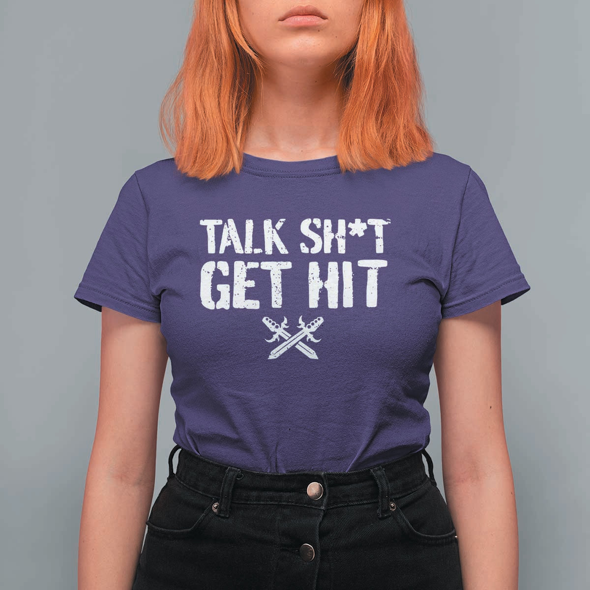 Talk Shit Get Hit Crossed Swords T Shirt For Women Funny Edgy Combat Sports Attitude