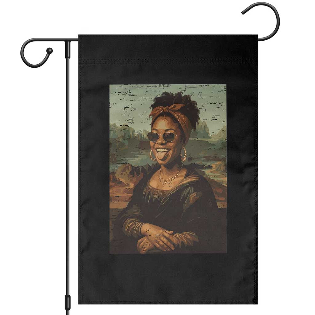 Modern Black Mona Lisa Headwrap Sunglasses Parody Garden Flag Trendy Urban Fine Art Portrait Graphic