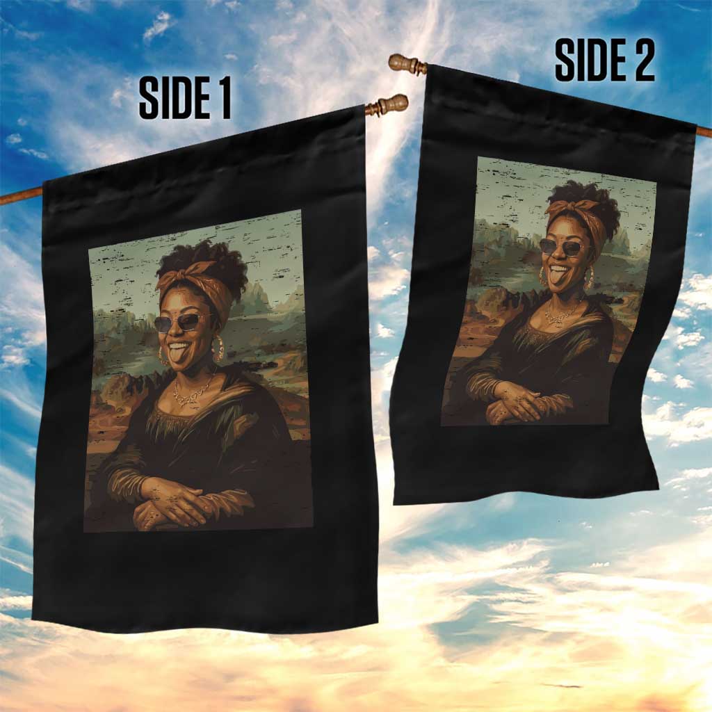 Modern Black Mona Lisa Headwrap Sunglasses Parody Garden Flag Trendy Urban Fine Art Portrait Graphic