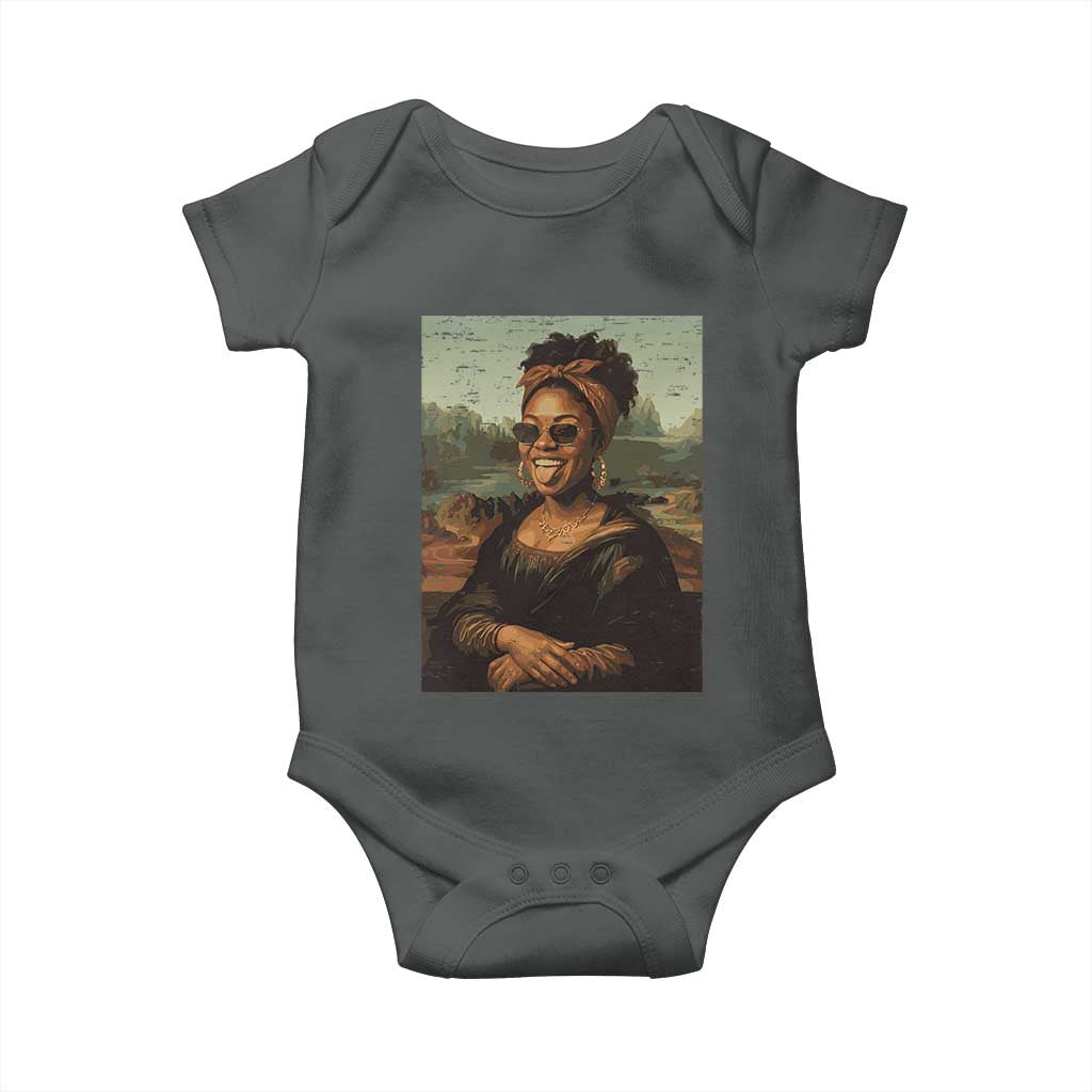 Modern Black Mona Lisa Headwrap Sunglasses Parody Baby Onesie Trendy Urban Fine Art Portrait Graphic