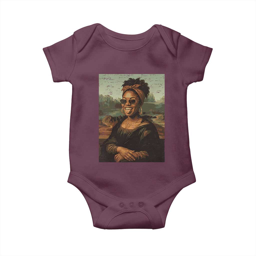 Modern Black Mona Lisa Headwrap Sunglasses Parody Baby Onesie Trendy Urban Fine Art Portrait Graphic