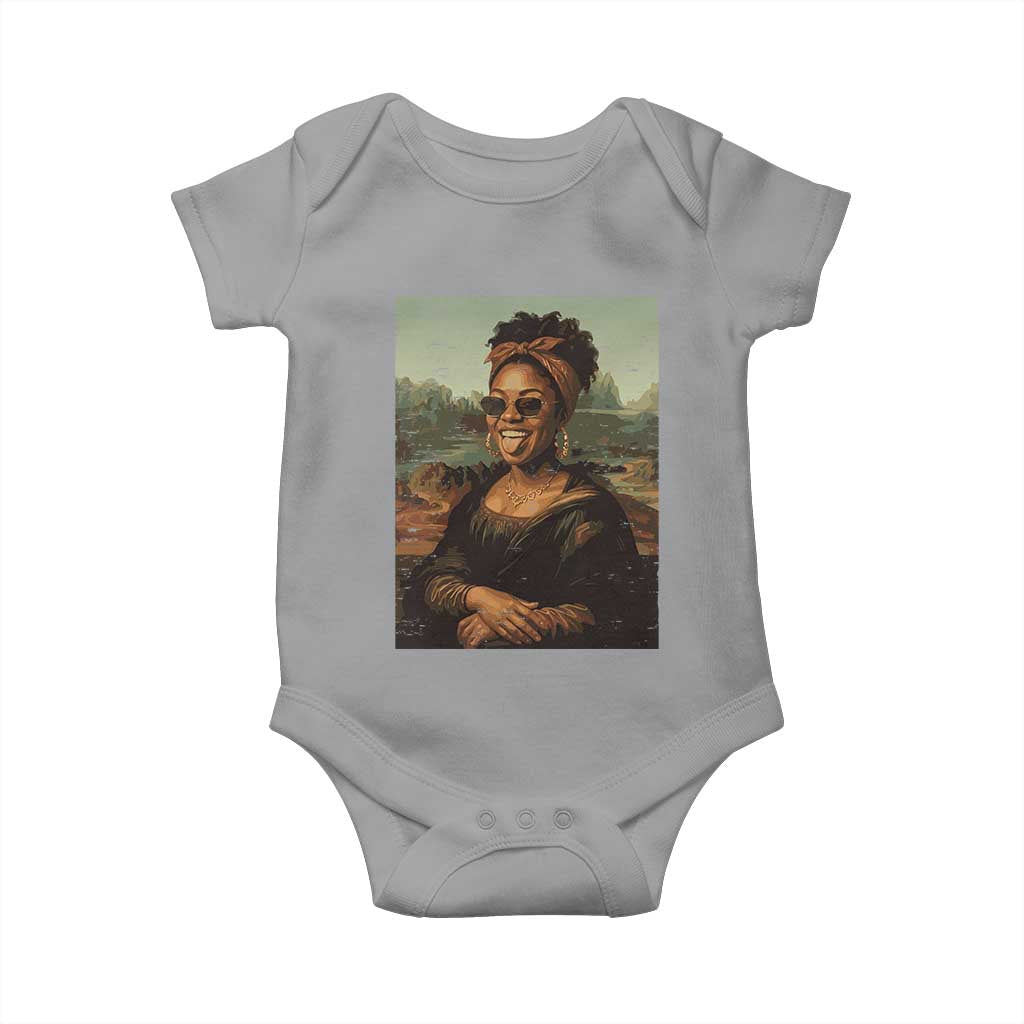 Modern Black Mona Lisa Headwrap Sunglasses Parody Baby Onesie Trendy Urban Fine Art Portrait Graphic