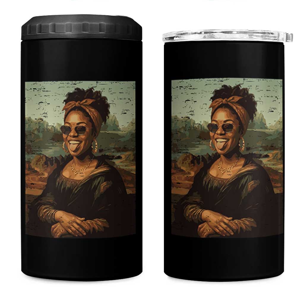Modern Black Mona Lisa Headwrap Sunglasses Parody 4 in 1 Can Cooler Tumbler Trendy Urban Fine Art Portrait Graphic
