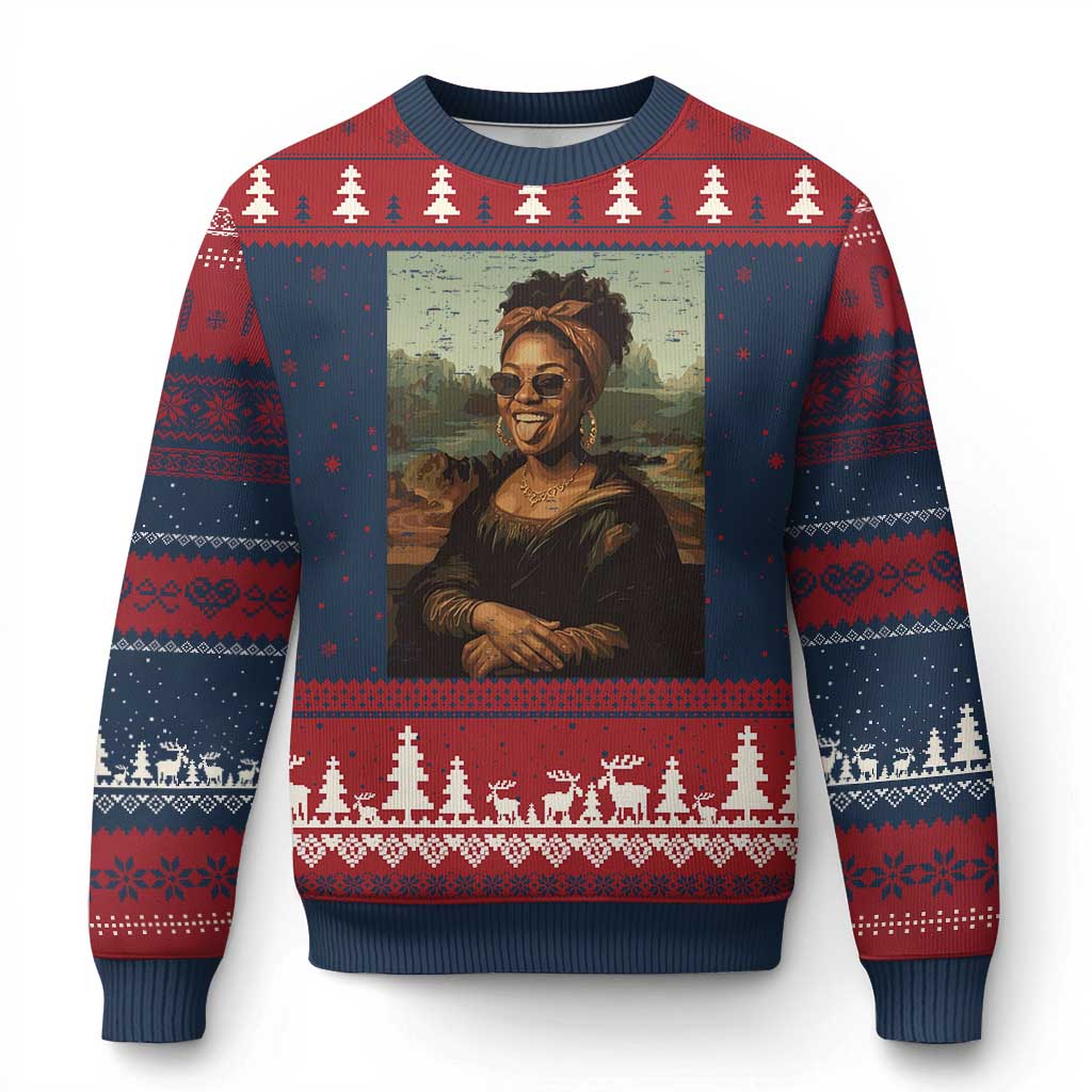 Modern Black Mona Lisa Headwrap Sunglasses Parody Ugly Christmas Sweater Trendy Urban Fine Art Portrait Graphic