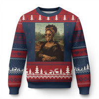 Modern Black Mona Lisa Headwrap Sunglasses Parody Ugly Christmas Sweater Trendy Urban Fine Art Portrait Graphic