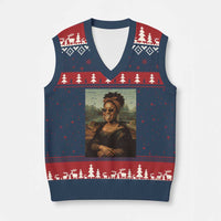 Modern Black Mona Lisa Headwrap Sunglasses Parody V-Neck Knit Sweater Vest Trendy Urban Fine Art Portrait Graphic