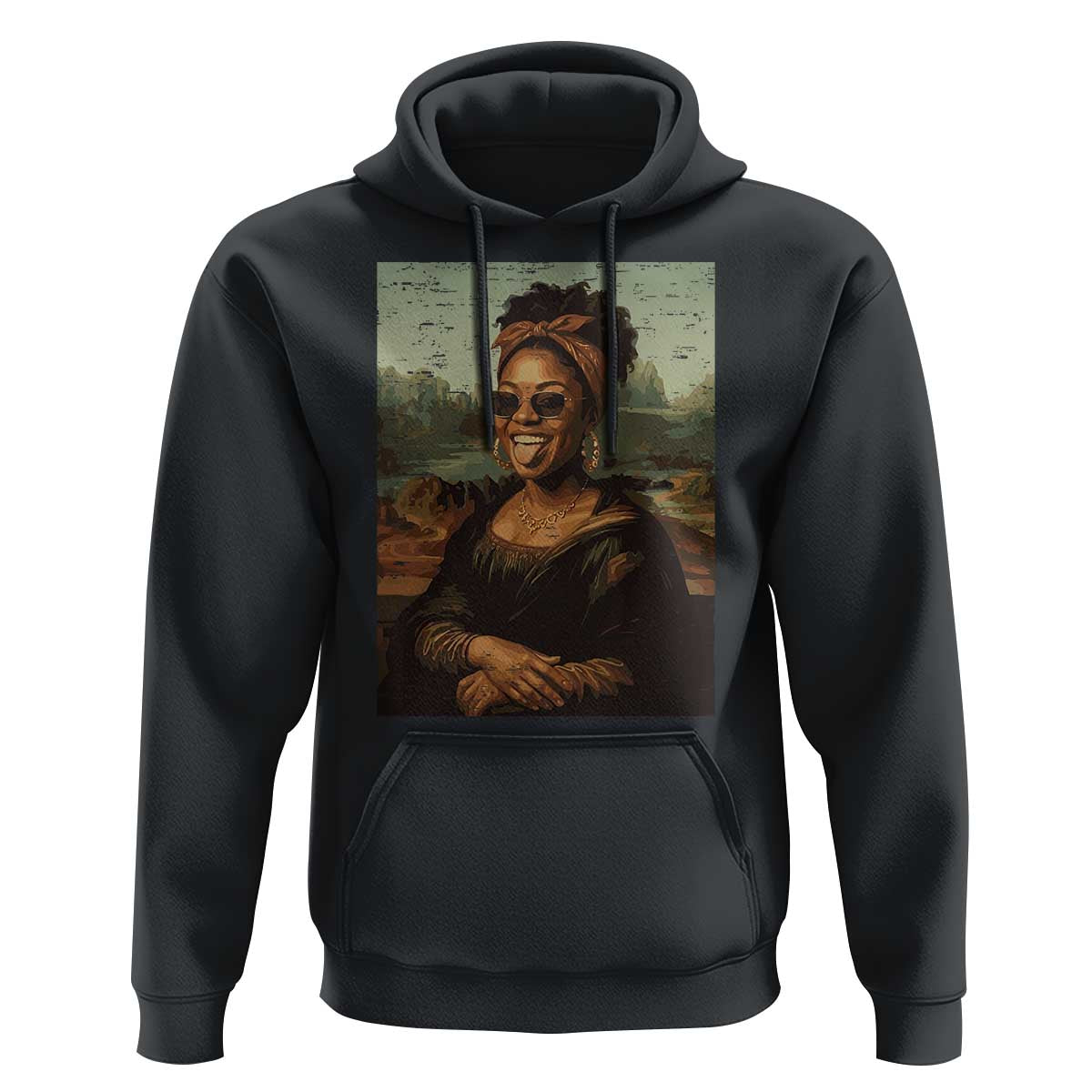 Modern Black Mona Lisa Headwrap Sunglasses Parody Hoodie Trendy Urban Fine Art Portrait Graphic