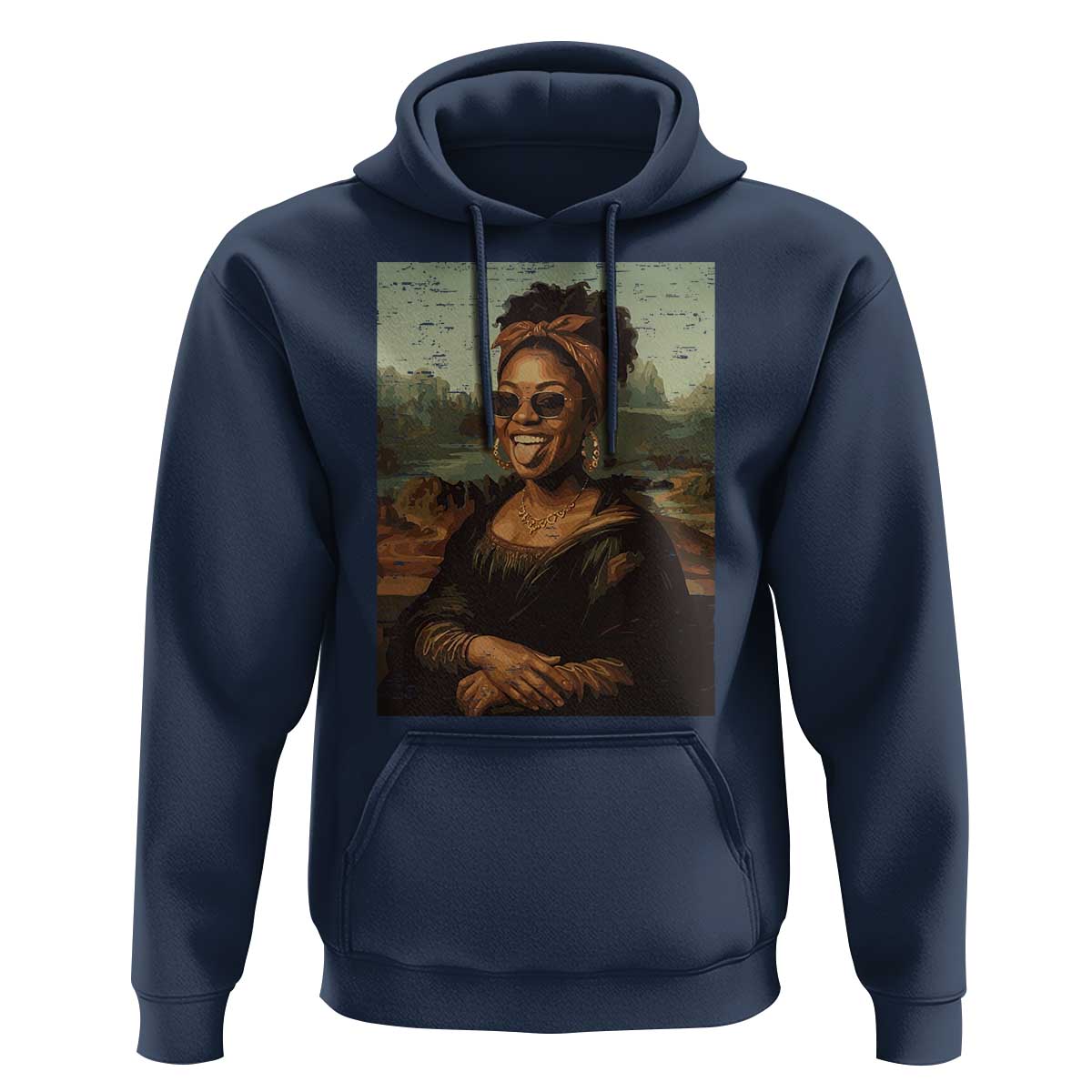 Modern Black Mona Lisa Headwrap Sunglasses Parody Hoodie Trendy Urban Fine Art Portrait Graphic