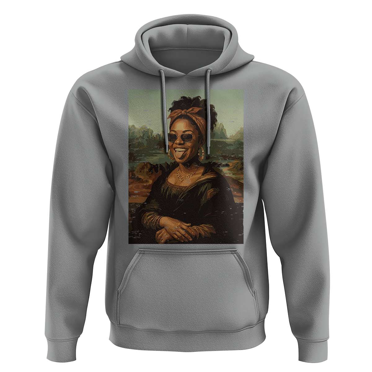 Modern Black Mona Lisa Headwrap Sunglasses Parody Hoodie Trendy Urban Fine Art Portrait Graphic