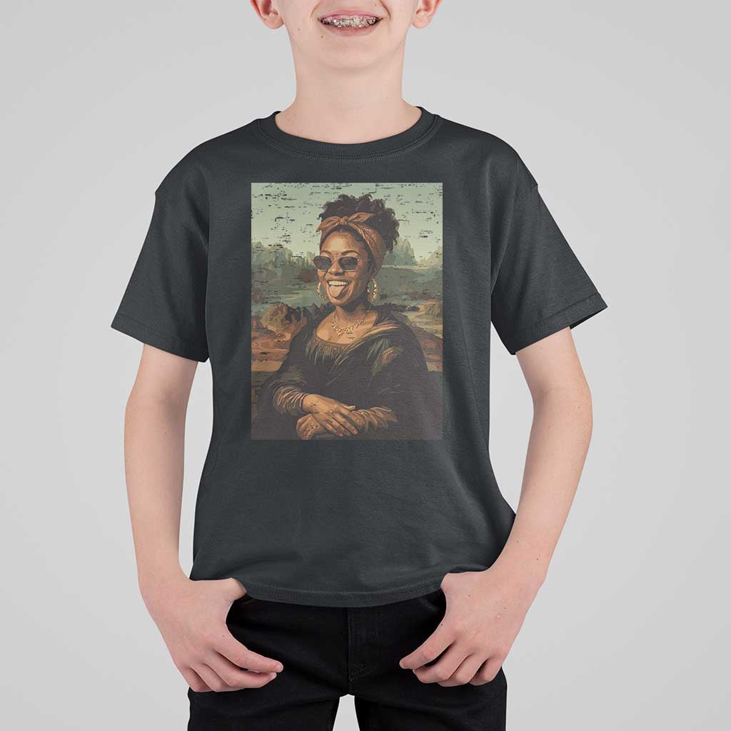 Modern Black Mona Lisa Headwrap Sunglasses Parody T Shirt For Kid Trendy Urban Fine Art Portrait Graphic