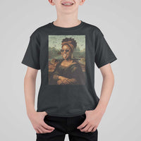 Modern Black Mona Lisa Headwrap Sunglasses Parody T Shirt For Kid Trendy Urban Fine Art Portrait Graphic