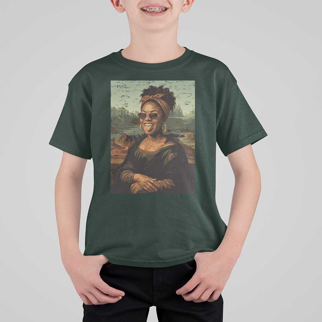 Modern Black Mona Lisa Headwrap Sunglasses Parody T Shirt For Kid Trendy Urban Fine Art Portrait Graphic