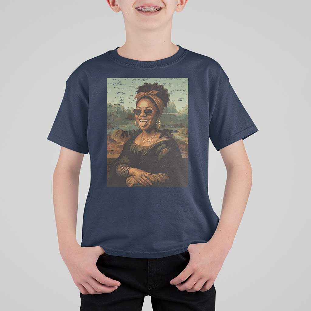 Modern Black Mona Lisa Headwrap Sunglasses Parody T Shirt For Kid Trendy Urban Fine Art Portrait Graphic