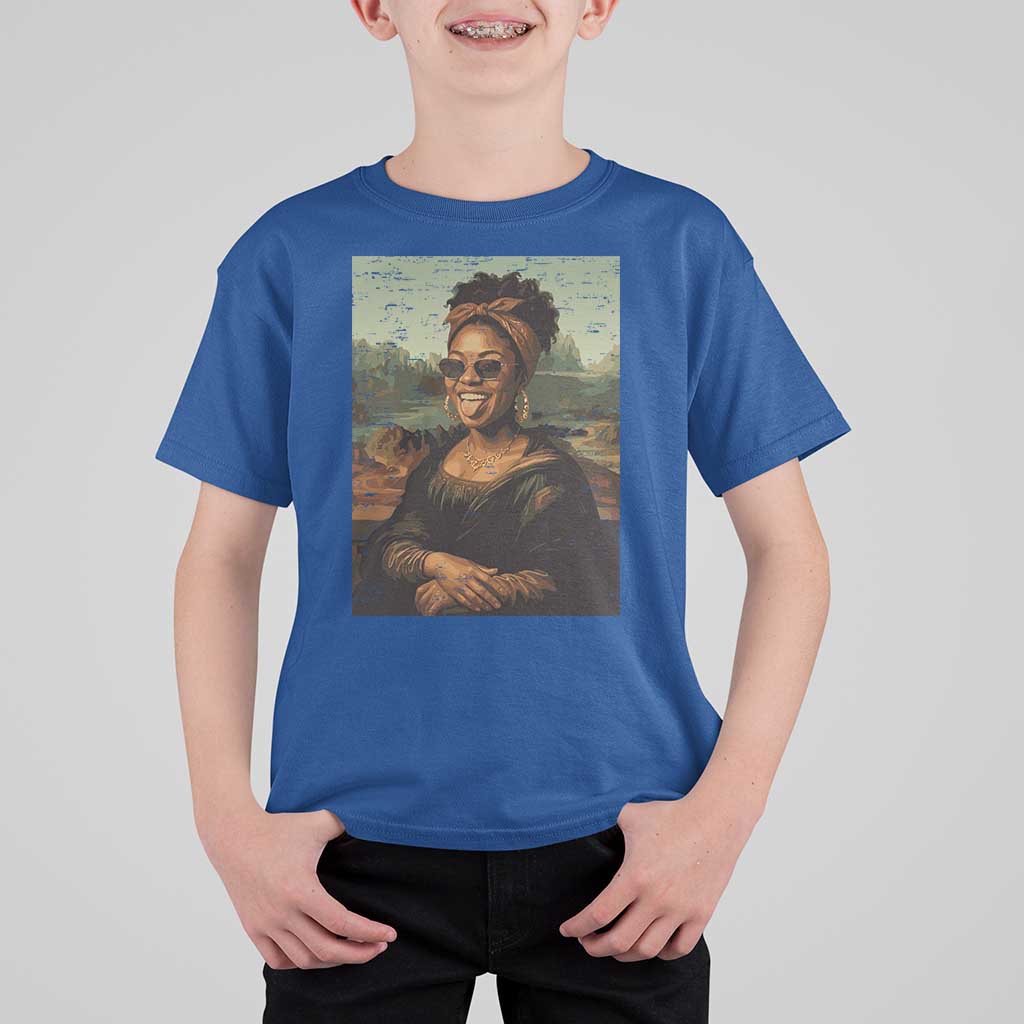 Modern Black Mona Lisa Headwrap Sunglasses Parody T Shirt For Kid Trendy Urban Fine Art Portrait Graphic