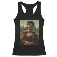 Modern Black Mona Lisa Headwrap Sunglasses Parody Racerback Tank Top Trendy Urban Fine Art Portrait Graphic