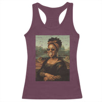 Modern Black Mona Lisa Headwrap Sunglasses Parody Racerback Tank Top Trendy Urban Fine Art Portrait Graphic