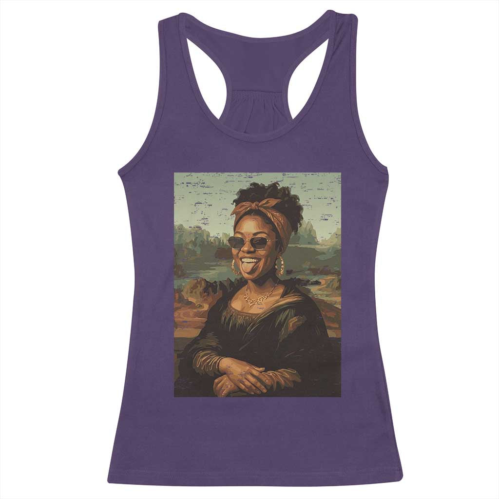 Modern Black Mona Lisa Headwrap Sunglasses Parody Racerback Tank Top Trendy Urban Fine Art Portrait Graphic