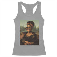 Modern Black Mona Lisa Headwrap Sunglasses Parody Racerback Tank Top Trendy Urban Fine Art Portrait Graphic