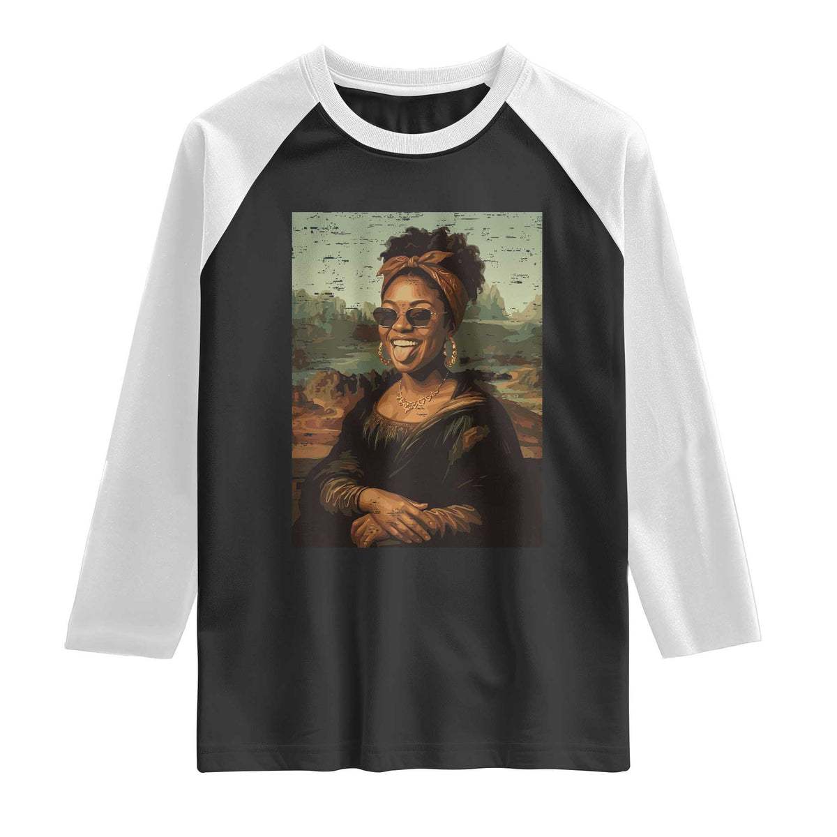 Modern Black Mona Lisa Headwrap Sunglasses Parody Raglan Shirt Trendy Urban Fine Art Portrait Graphic