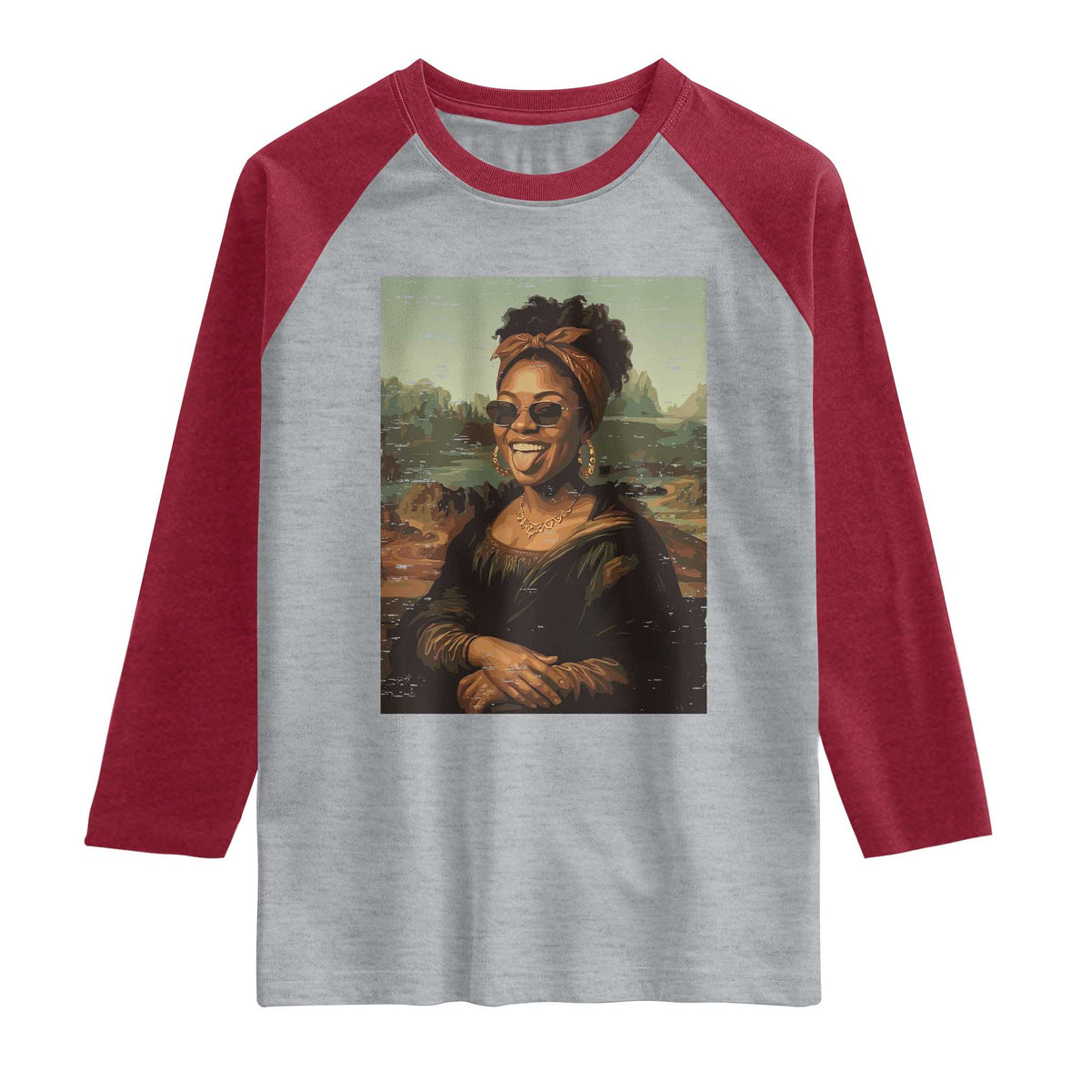 Modern Black Mona Lisa Headwrap Sunglasses Parody Raglan Shirt Trendy Urban Fine Art Portrait Graphic