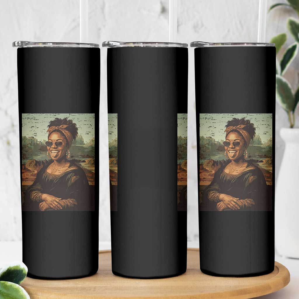Modern Black Mona Lisa Headwrap Sunglasses Parody Skinny Tumbler Trendy Urban Fine Art Portrait Graphic