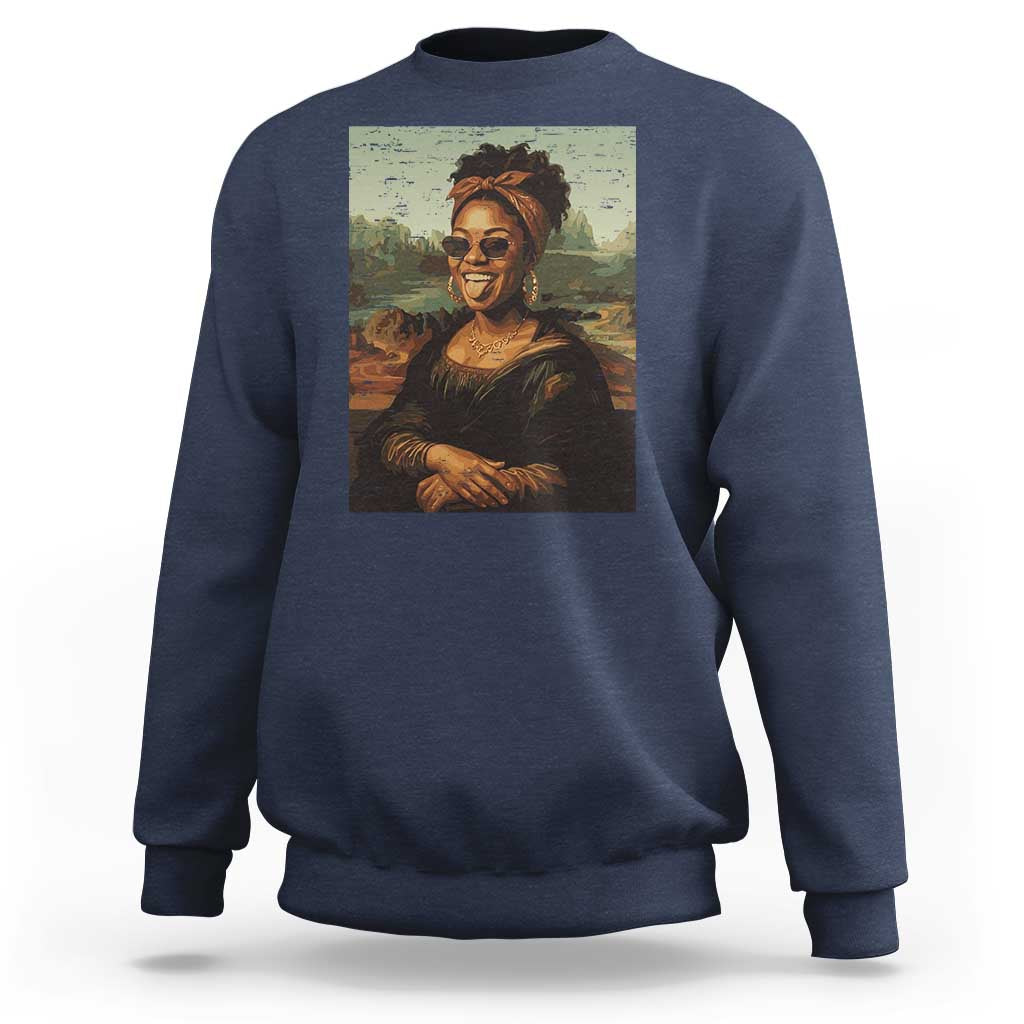 Modern Black Mona Lisa Headwrap Sunglasses Parody Sweatshirt Trendy Urban Fine Art Portrait Graphic