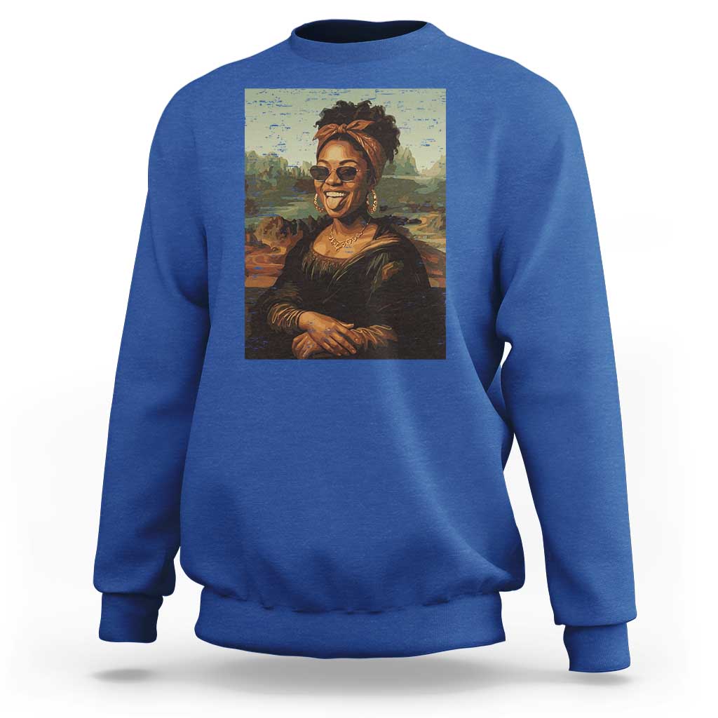 Modern Black Mona Lisa Headwrap Sunglasses Parody Sweatshirt Trendy Urban Fine Art Portrait Graphic