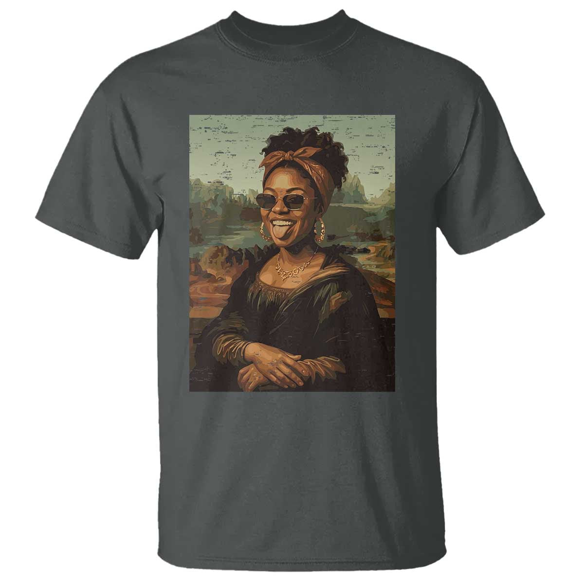 Modern Black Mona Lisa Headwrap Sunglasses Parody T Shirt Trendy Urban Fine Art Portrait Graphic
