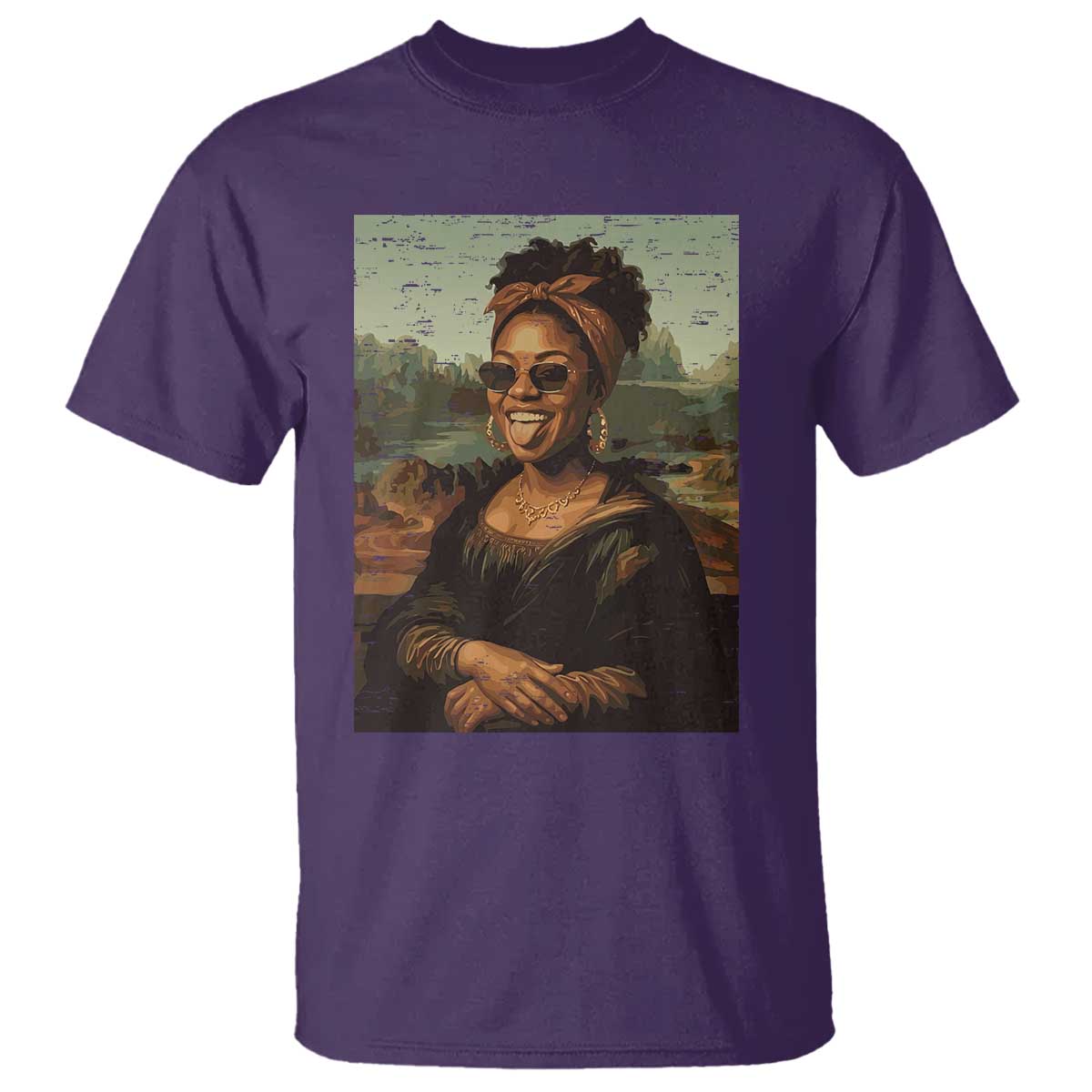 Modern Black Mona Lisa Headwrap Sunglasses Parody T Shirt Trendy Urban Fine Art Portrait Graphic