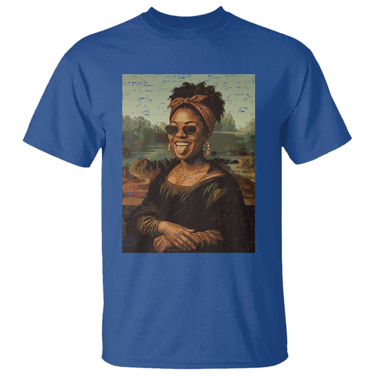 Modern Black Mona Lisa Headwrap Sunglasses Parody T Shirt Trendy Urban Fine Art Portrait Graphic